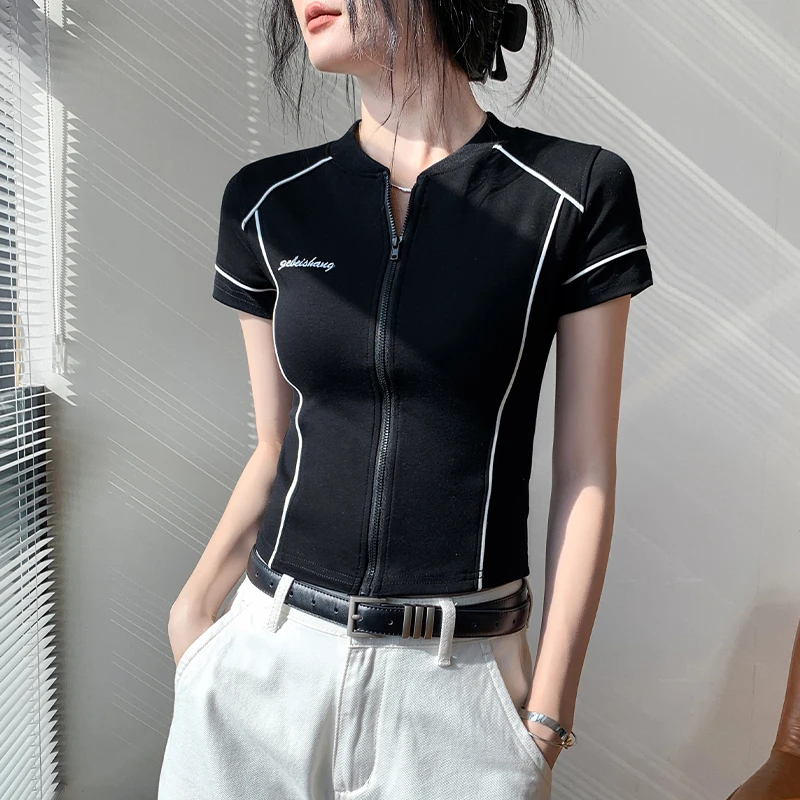 圆领拉链款开衫短袖T恤女2025春季新款修身打底刺绣别致内搭上衣