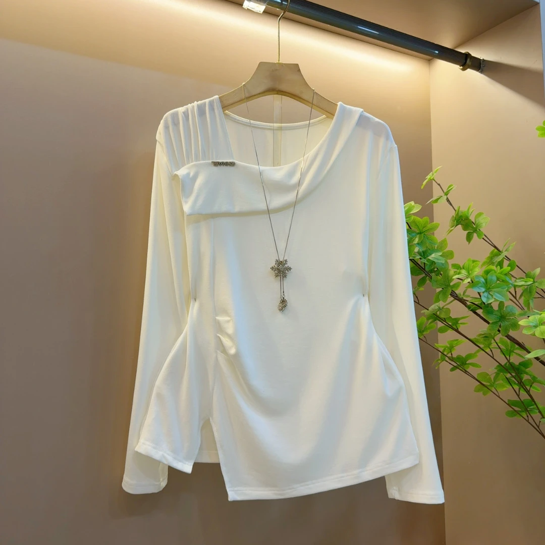 洋气百搭早秋新款不规则褶皱设计气质显瘦减龄上衣（长61左右）