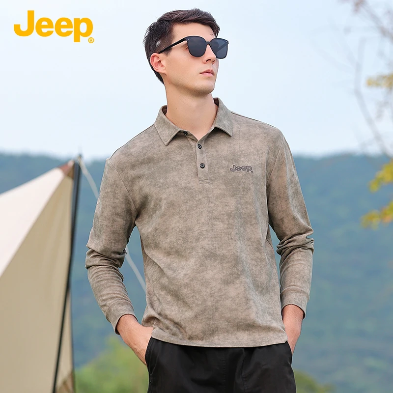 JEEP/吉普春秋季新款男士百搭宽松休闲染色翻领长袖POLO衫234