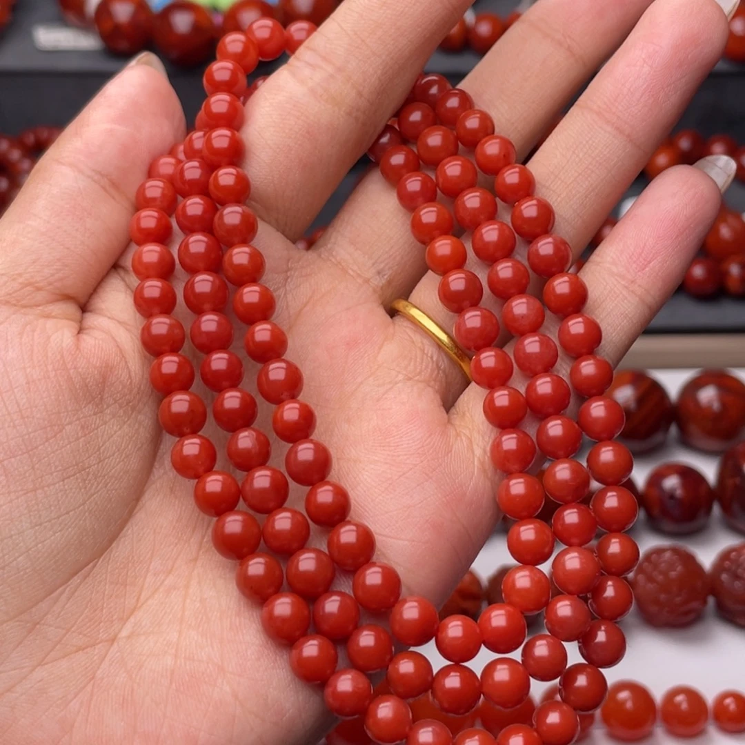 南红玛瑙未镶嵌手链Y6mm毕业收藏滴水洞亮光锦红长链