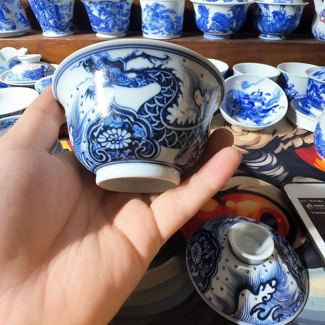 库***克泥塑盖碗手工手绘微瑕