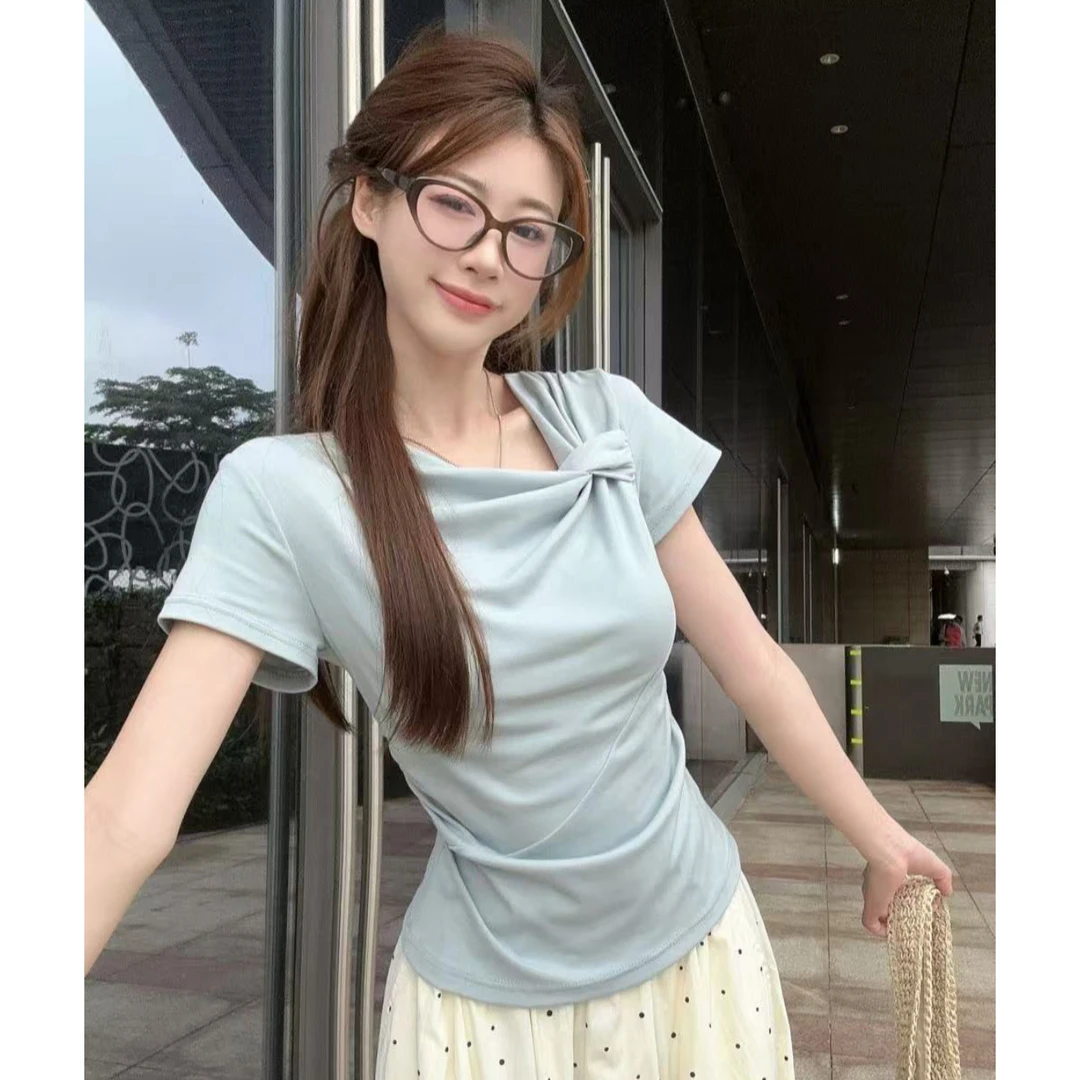 （清货+运费险）小众设计扭结短袖T桖不规则褶皱别致收腰百搭显瘦