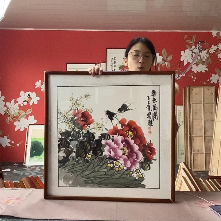 国画手写手绘带框包邮国画作品62✖️62