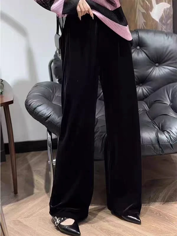 长裤网红极简风高腰欧美风微弹复古金丝休闲裤设计师