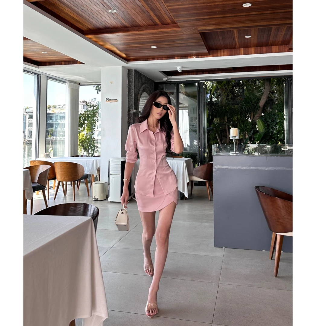 【清仓】辣妹气质粉色显瘦衬衫半身裙两件套女套装LC85616+LY85617