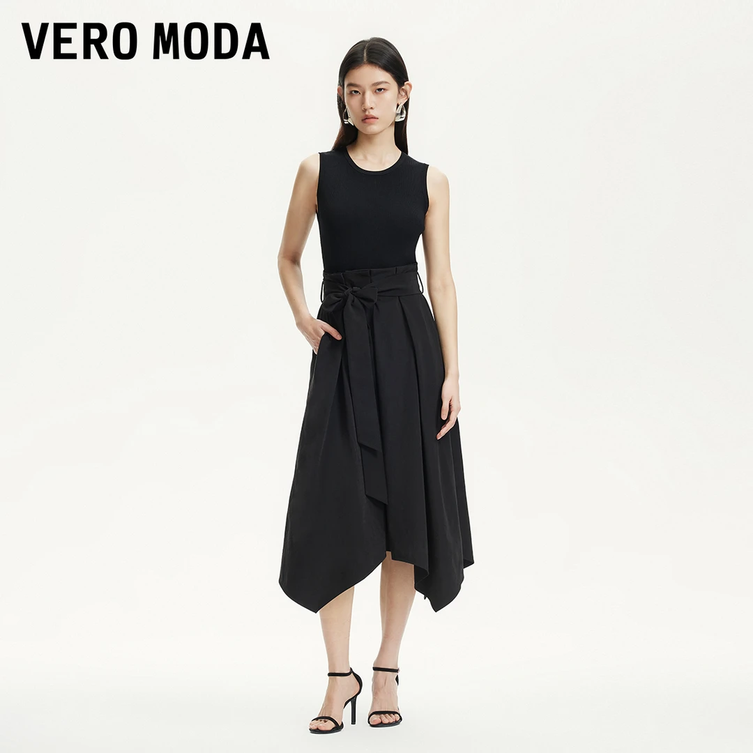Vero Moda连衣裙2025夏新款圆领腰带设计不规则底摆春游裙子小众