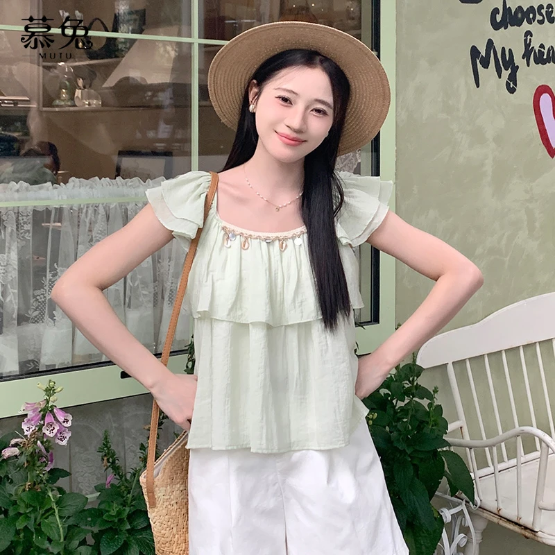 慕兔法式甜美小飞袖荷叶边衬衫女2025夏季新款设计感小众宽松上衣