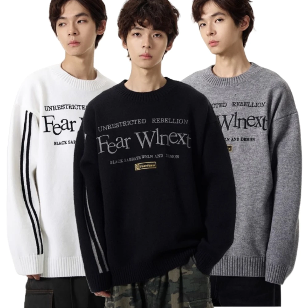 bobo姐美式复古小众刺绣字母针织毛衣男潮牌宽松慵懒针织衫