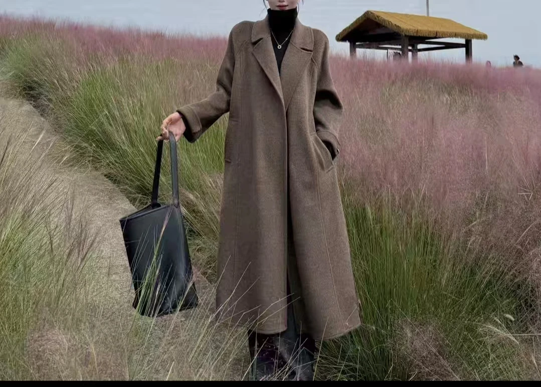 双面羊毛宽松极简风中长款落肩毛呢外套纯色8525