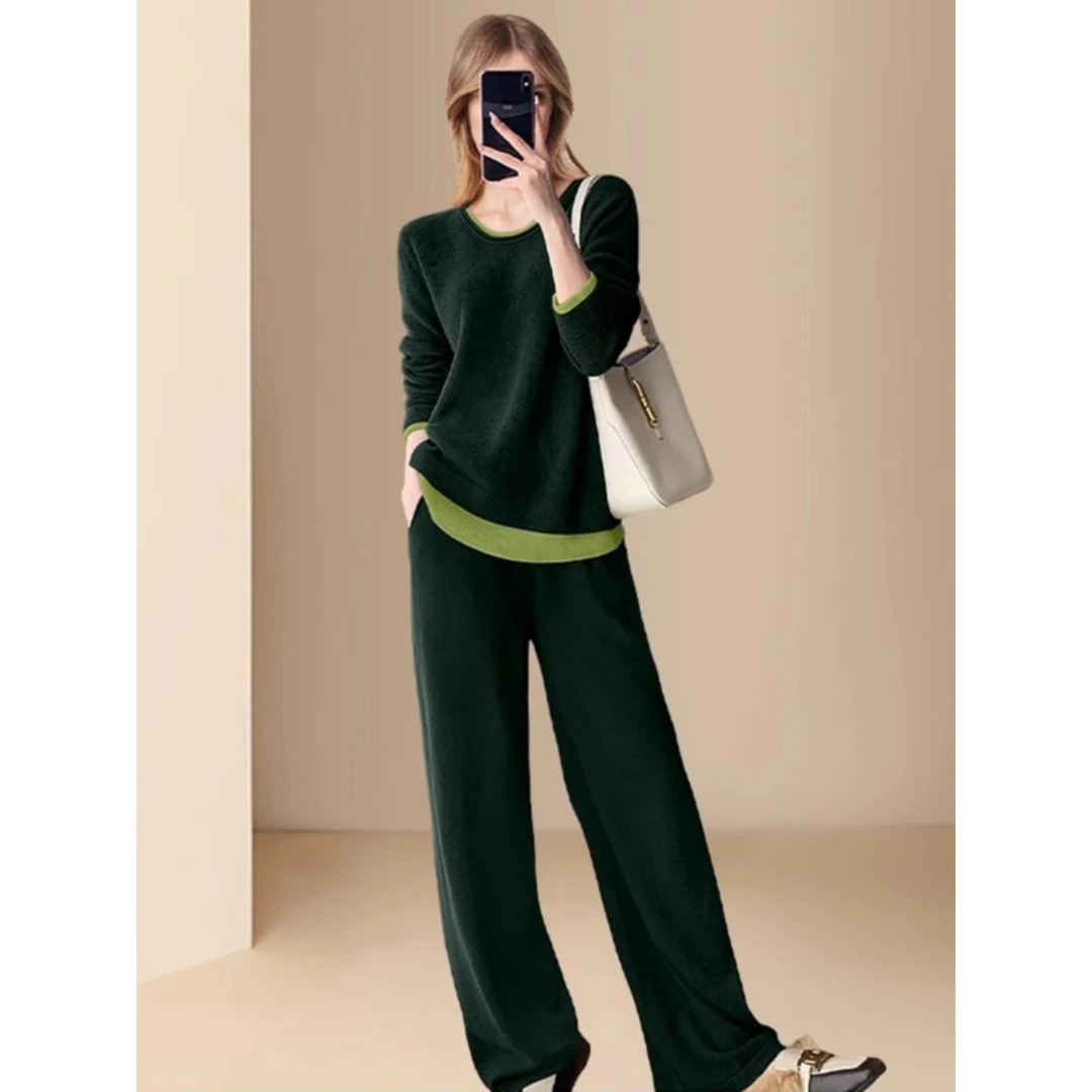 深秋初冬时尚休闲运动套装女秋冬季假两件针织衫卫衣阔腿裤两件套