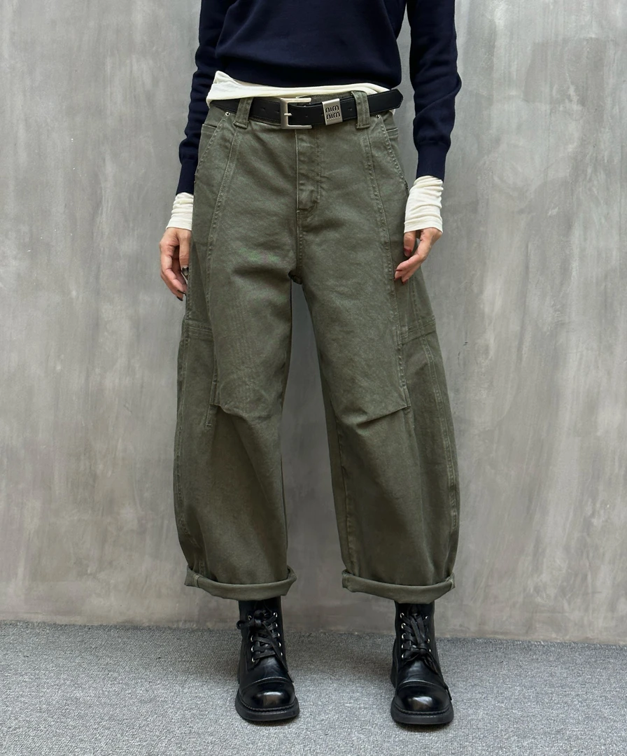 【裤博汇】77117羊角裤水洗苔藓绿设计款高腰宽松牛仔羊角裤