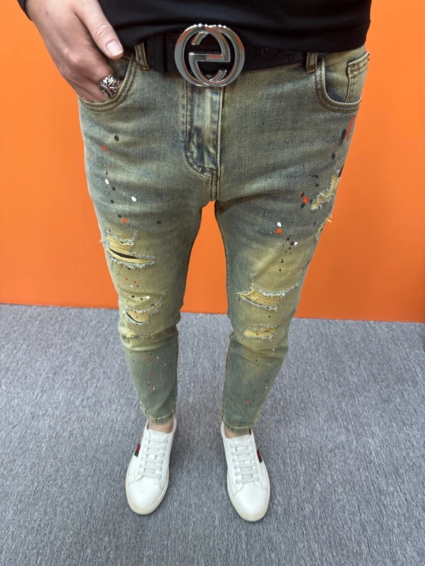 新款破洞男牛仔裤弹力百搭修身复古时尚夏季潮流个性九分牛仔裤