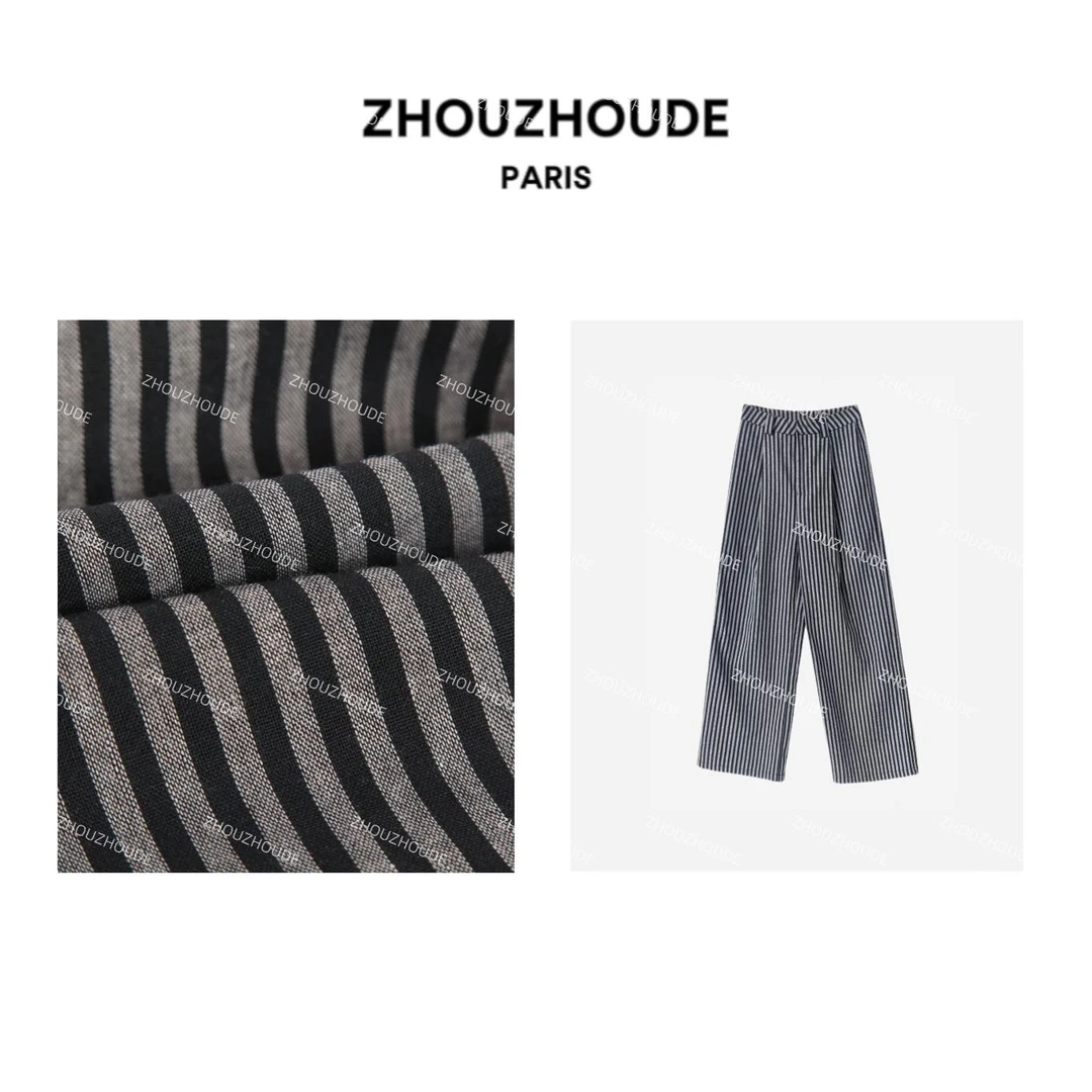 ZHOUZHOUDE【夏尔线谱】高定竖条纹宽松亚麻双压褶高腰休闲阔腿裤