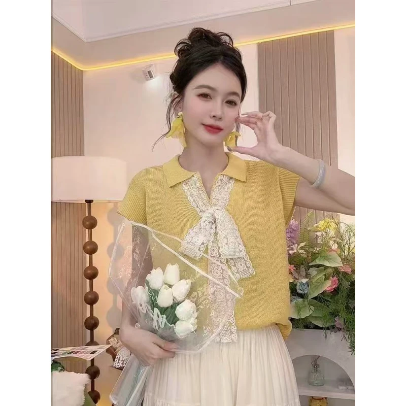 2025夏季立领气质拼接蕾丝透气减龄短袖时尚洋气甜美可爱风格衣服