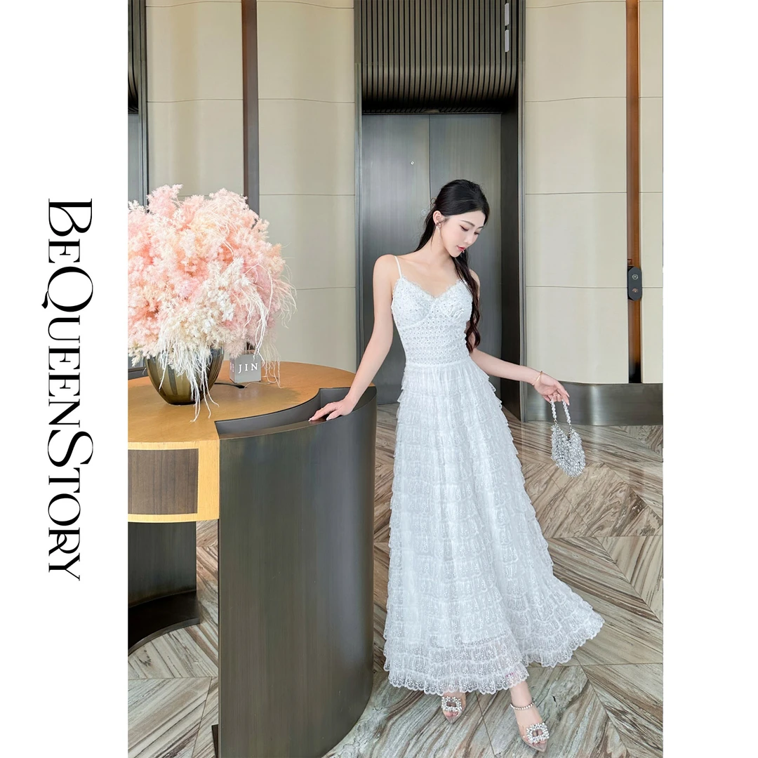 余潇潇【如梦幻令】高级层次感银色亮片拼接多层花边蕾丝吊带连衣裙