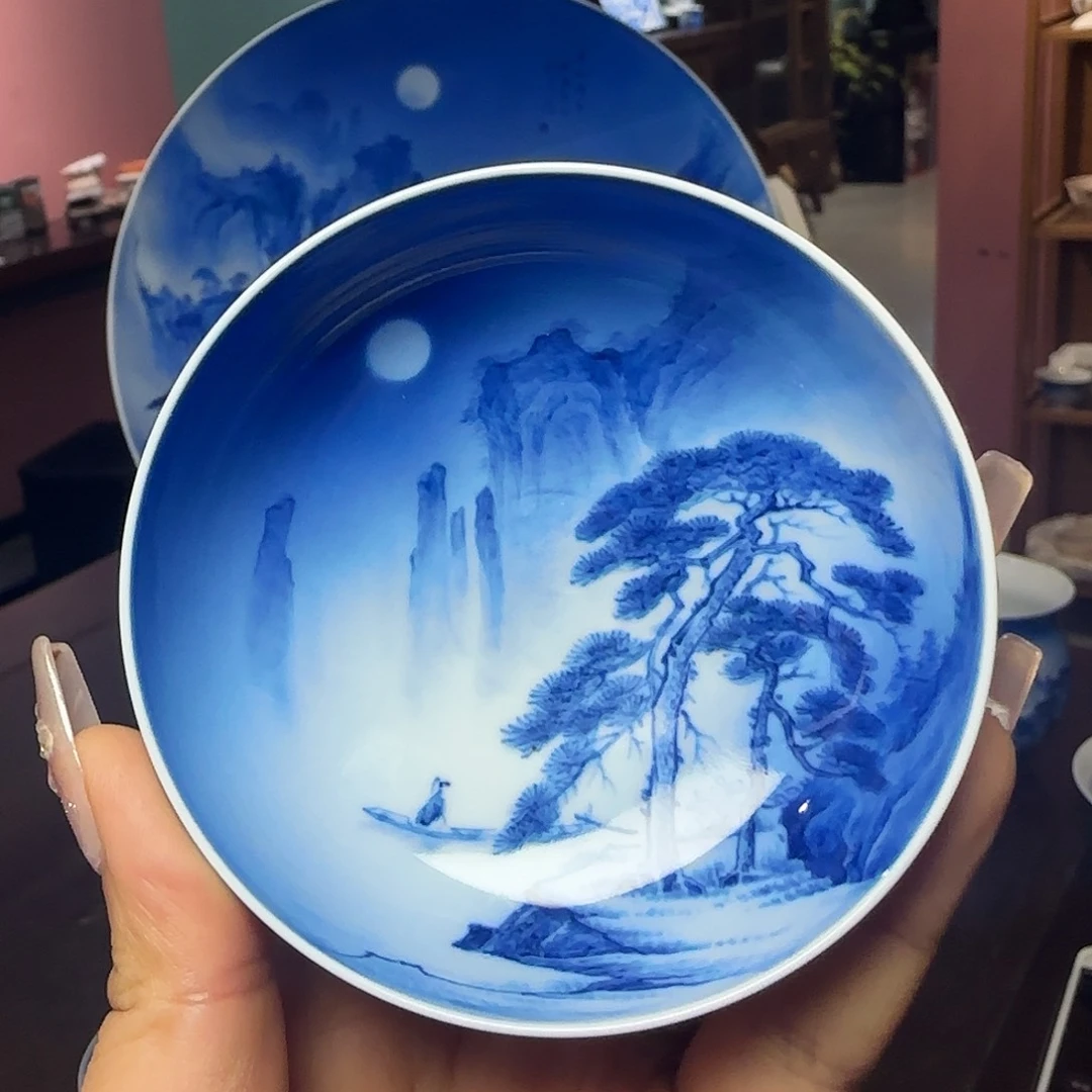 瓷片猪**豆青花山水主人杯