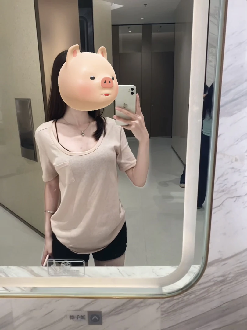 短袖U领口袋短款T恤简约纯色透气百搭薄款宽松圆领