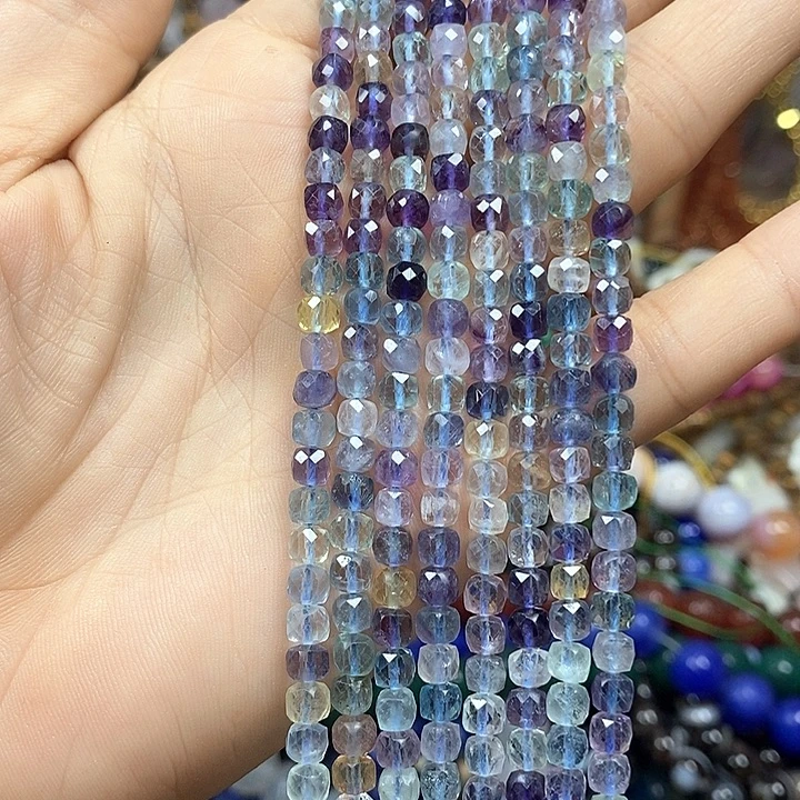 未镶嵌玛瑙/玉髓珠宝半成品天然彩虹萤石切面方糖卡4mm