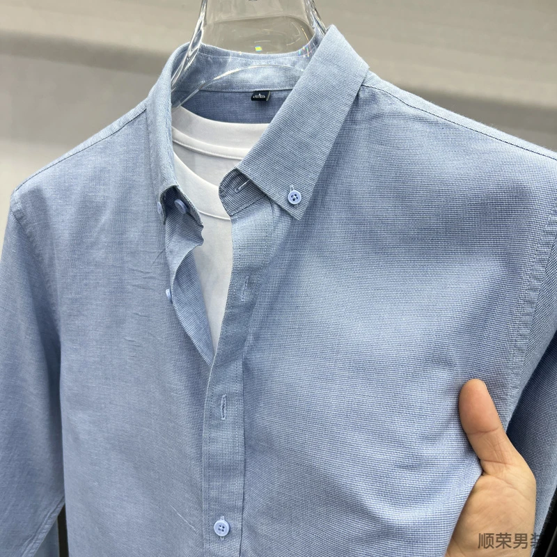 新款长袖亚麻格纹衬衫男士春秋时尚百搭商务休闲薄款宽松透气衬衣