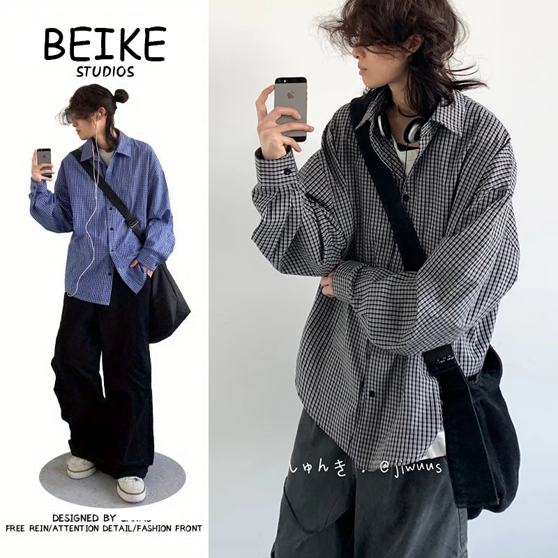 2025新款日系慵懒风蓝色格子衬衫男女生基础款休闲长袖格纹上衣潮