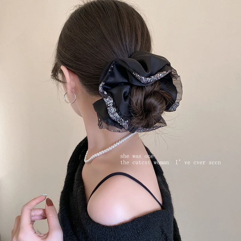 高级感水钻纱边缎面肥肠圈2025新款气质扎发头绳大号皮筋头花发圈