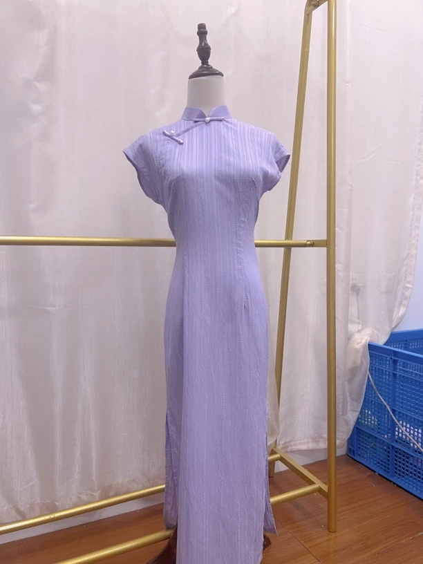 V-3027 芋紫 钩花绉 新中式国风夏款年轻款改良旗袍120cm长款