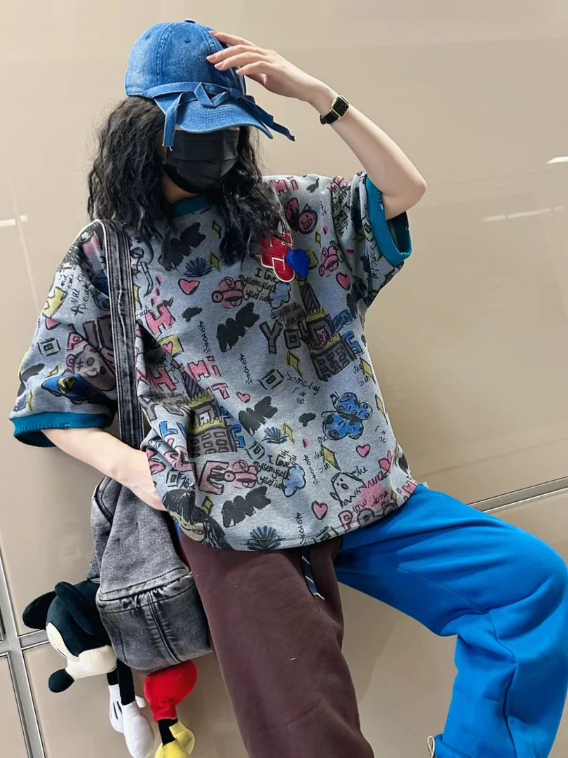 韩国时尚个性彩色花色圆领T恤5781