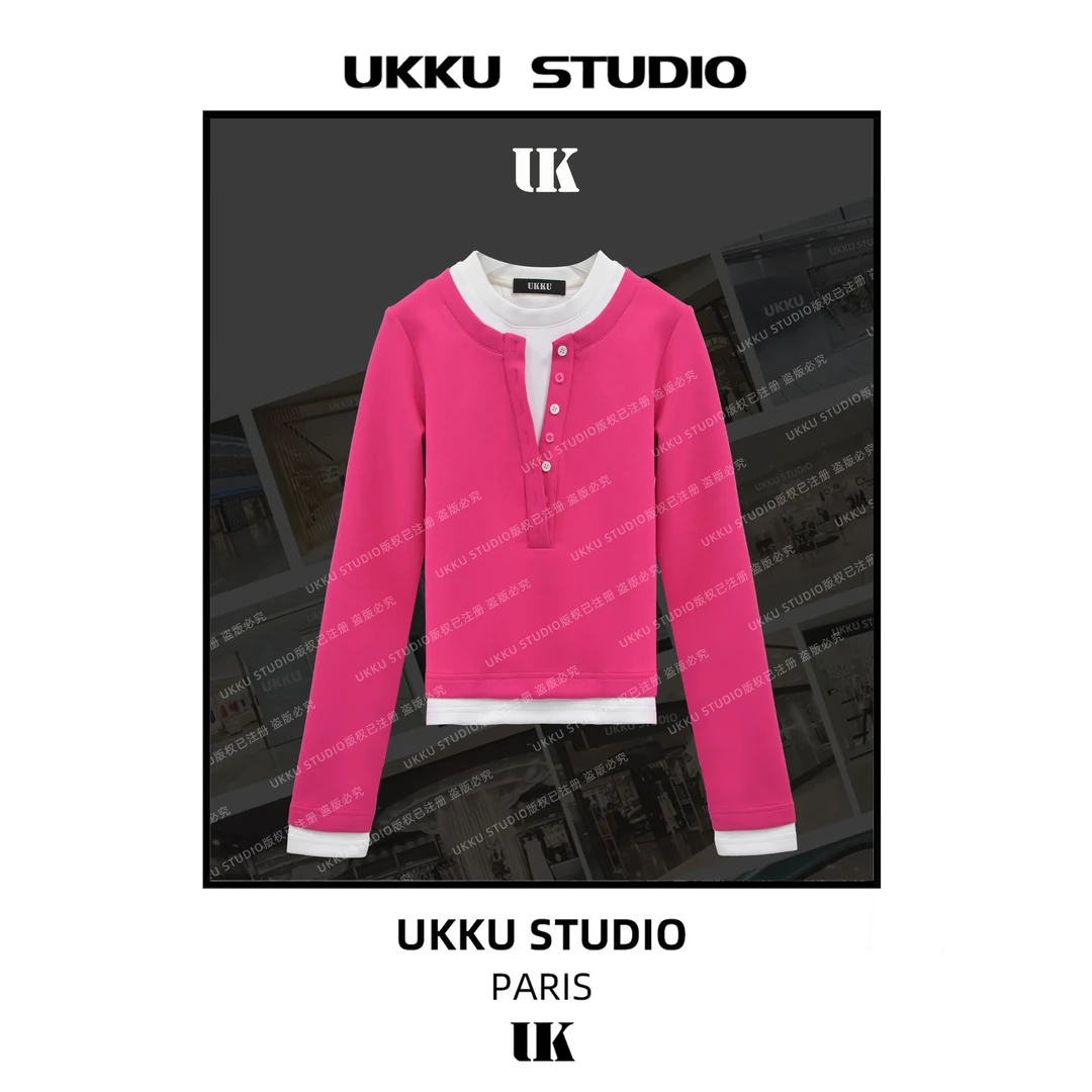 沐【UKKUSTUDIO】时尚秋冬修身玫红色拼接假两件女款卫衣513165