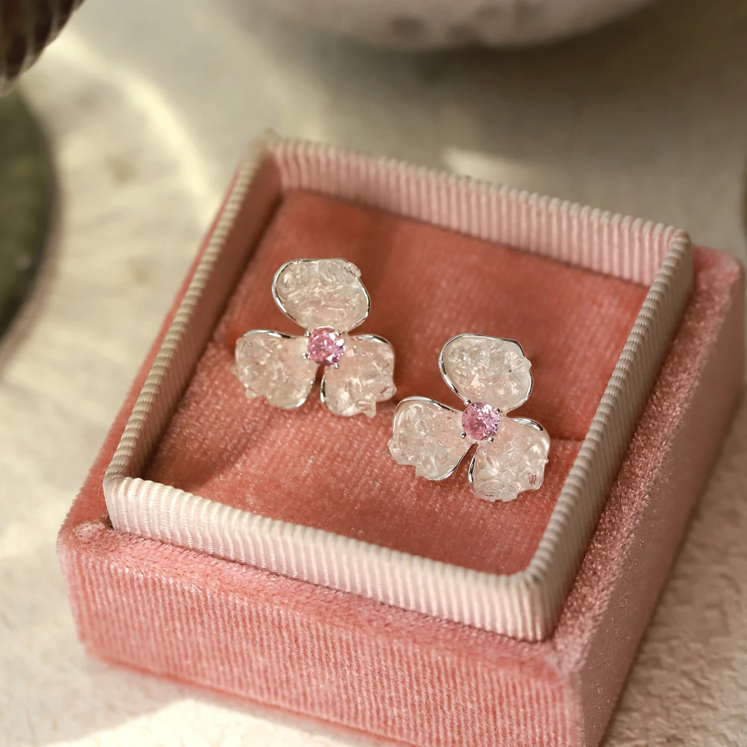 合金仿水晶耳饰 清新粉色渐变色樱花耳钉气质小清新甜美耳饰少女