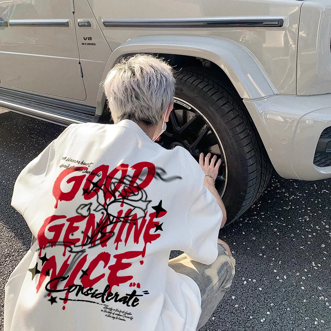 纯棉重磅美式复古玫瑰字母印花短袖t恤男女款夏季宽松型圆领半袖