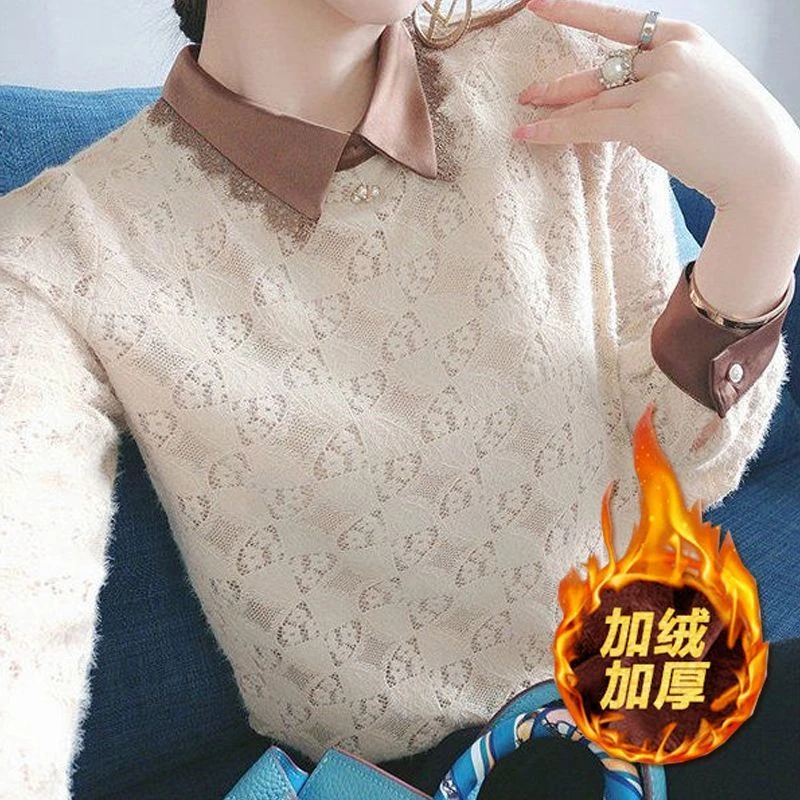 加绒加厚蕾丝打底衫女秋冬新款韩版时尚修身上衣洋气百搭长袖衬衫