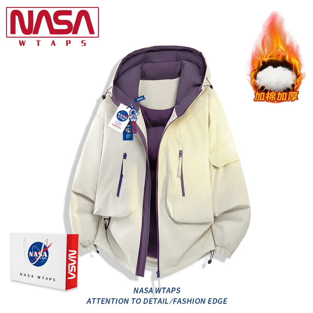 NASA WTAPS工装风连帽棉服男款冬季新款加厚保暖宽松冲锋衣外套潮