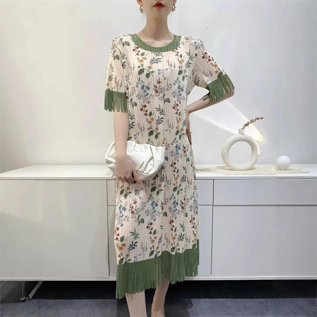 2025春夏新款流苏印花连衣裙女褶皱中长款中袖拼色植物花卉跨境