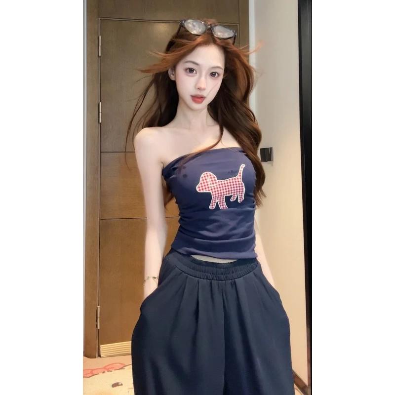 【XIAOBAWANG】小狗刺绣设计感抹胸无袖吊带背心外穿性感辣妹上衣W