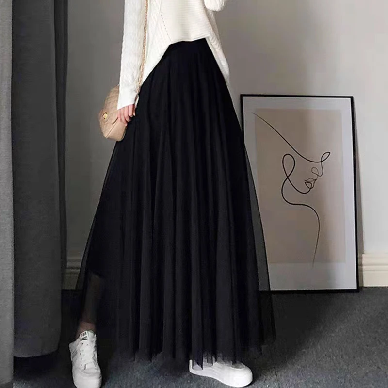 爆款秋冬新款纱裙半身裙女高腰显瘦垂感网纱裙半身长裙大摆A字裙