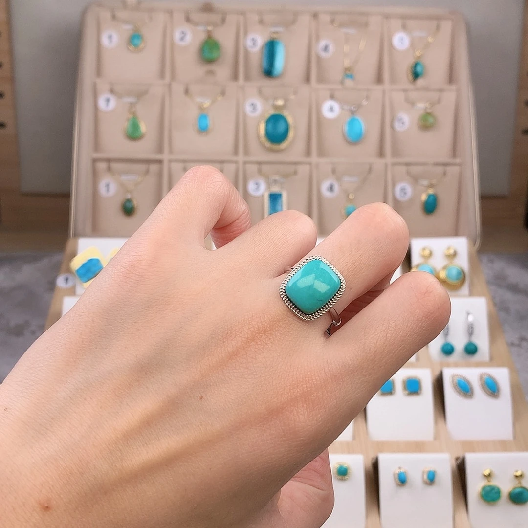 考****绿松石银S925镶嵌戒指