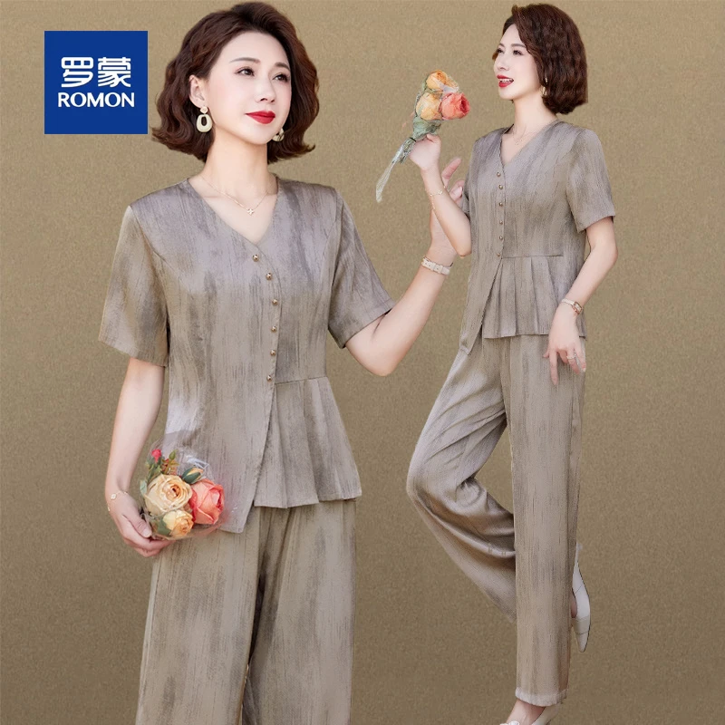 罗蒙妈妈夏装时尚套装新款洋气中老年夏季短袖小衫阔腿裤两件套女