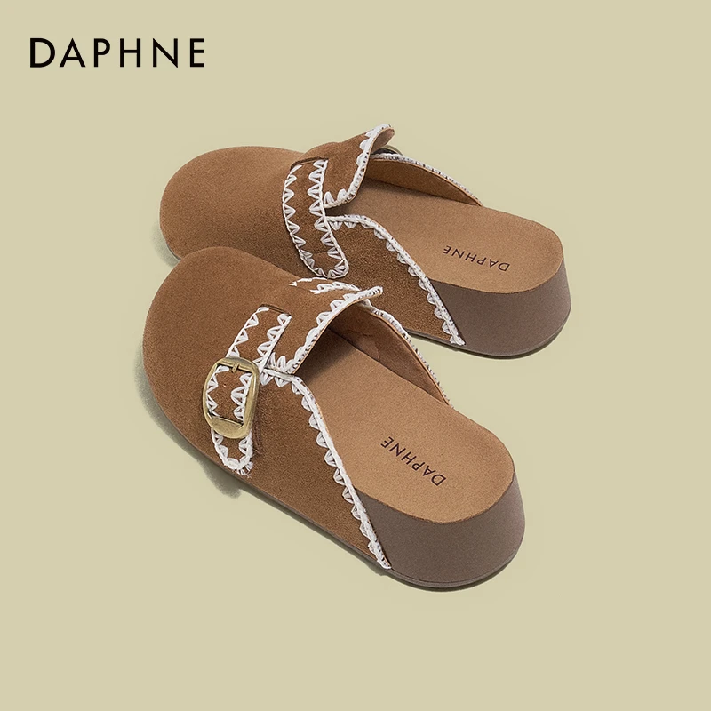 达芙妮厚底勃肯鞋半拖女2025夏季新款复古包头一脚蹬休闲包头拖鞋