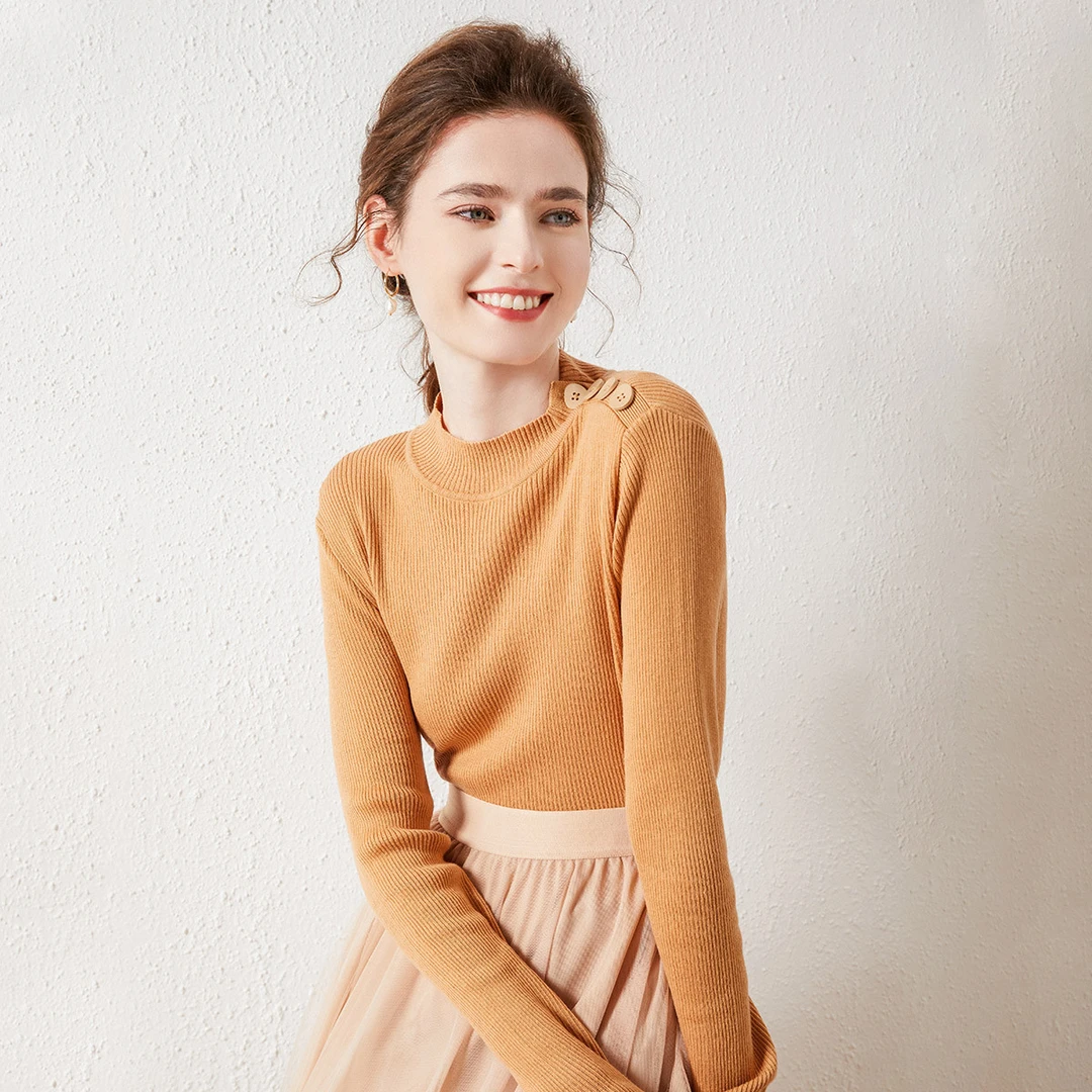 简约百搭半高领肩部纽扣打底毛衣显瘦套头针织衫23SZT976993