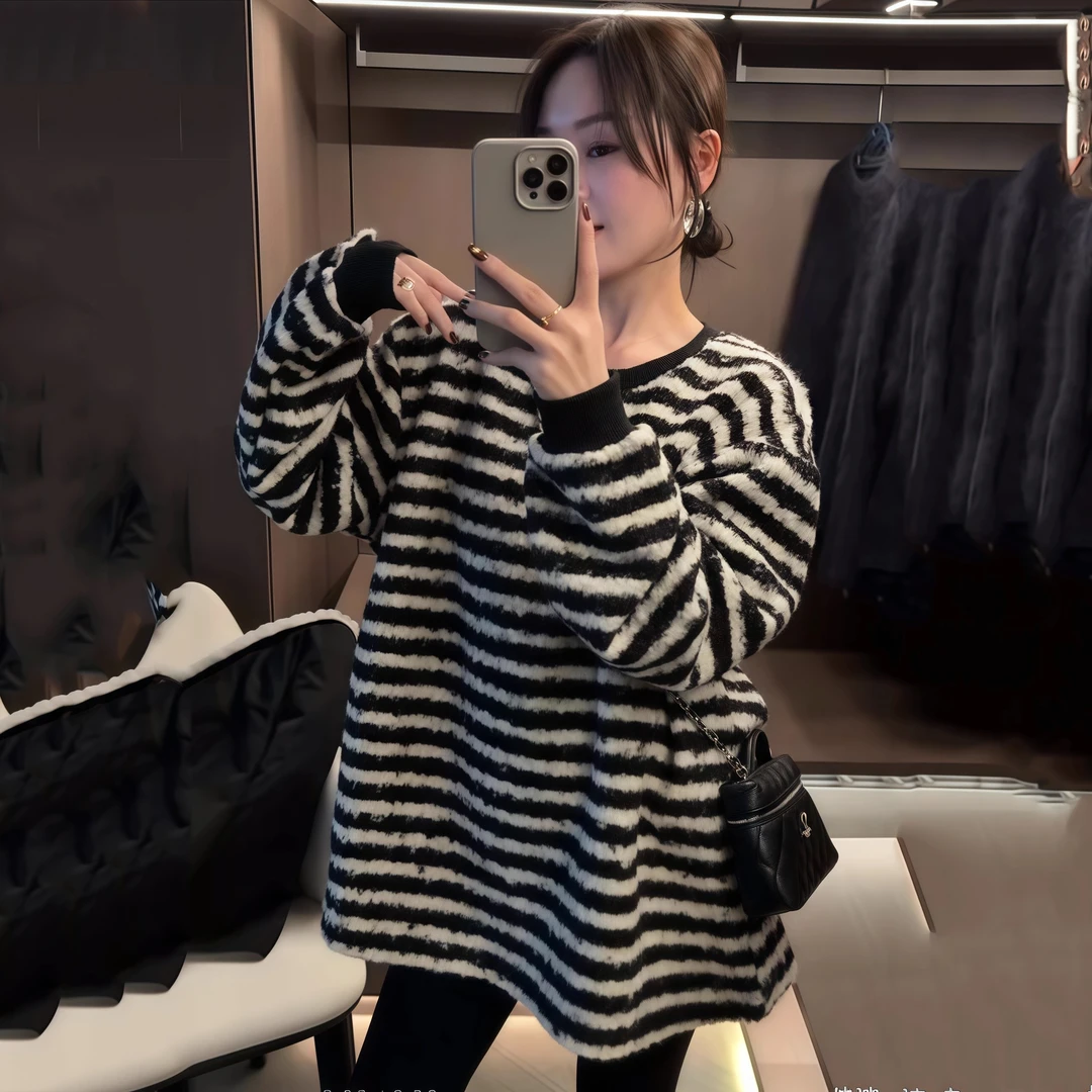 韩版慵懒条纹加厚长袖T恤女2025冬新款宽松休闲百搭中长款打底衫
