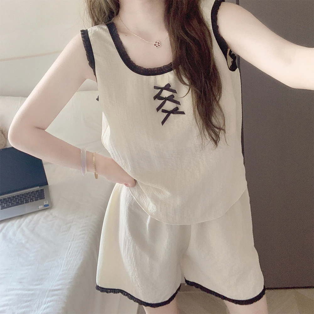 【带胸垫一体】纯色背心蝴蝶结睡衣女款夏季薄款无袖短裤家居服套装