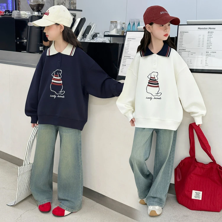 女童套装春秋款2025新款6-12岁15洋气儿童休闲卫衣牛仔裤阔腿裤潮