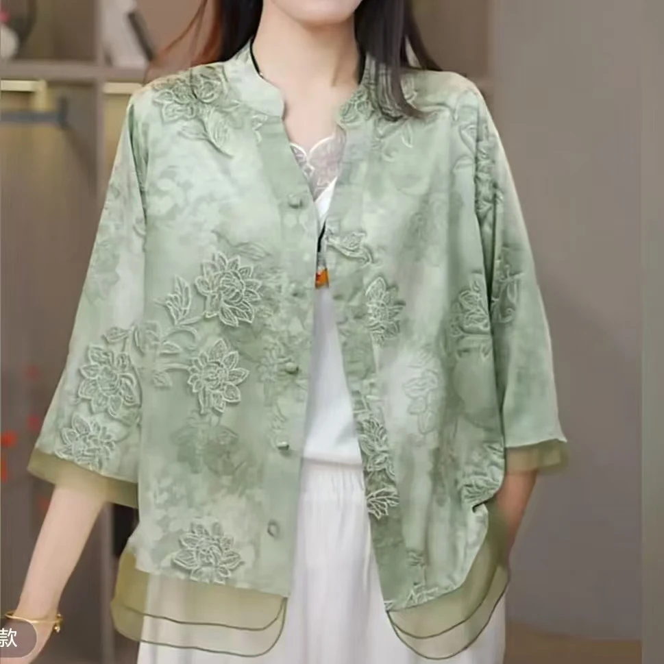 新中式妈妈夏装七分袖衬衫上衣高档开衫显瘦薄款