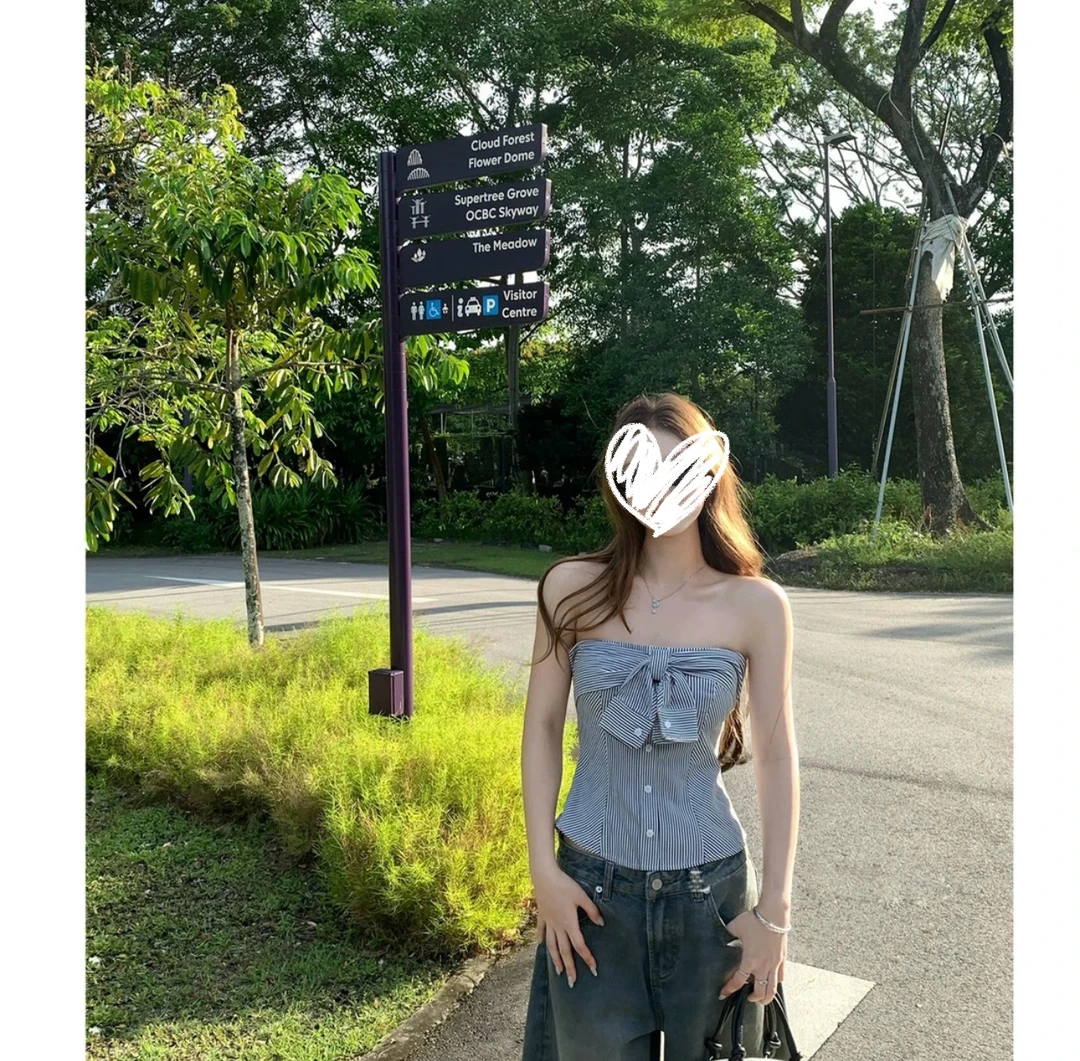 海盐撞奶条纹一字肩抹胸背心女夏季#9175