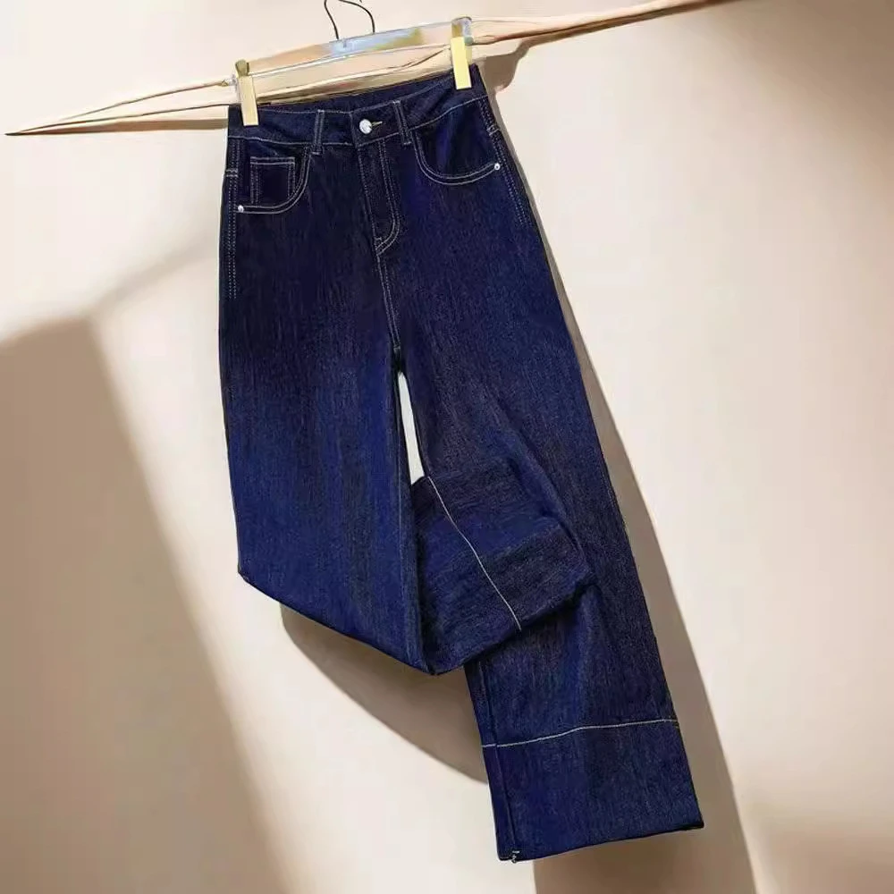 夏季薄款丹宁蓝原色时尚牛仔裤女小个子大码百搭深蓝色九分阔腿裤