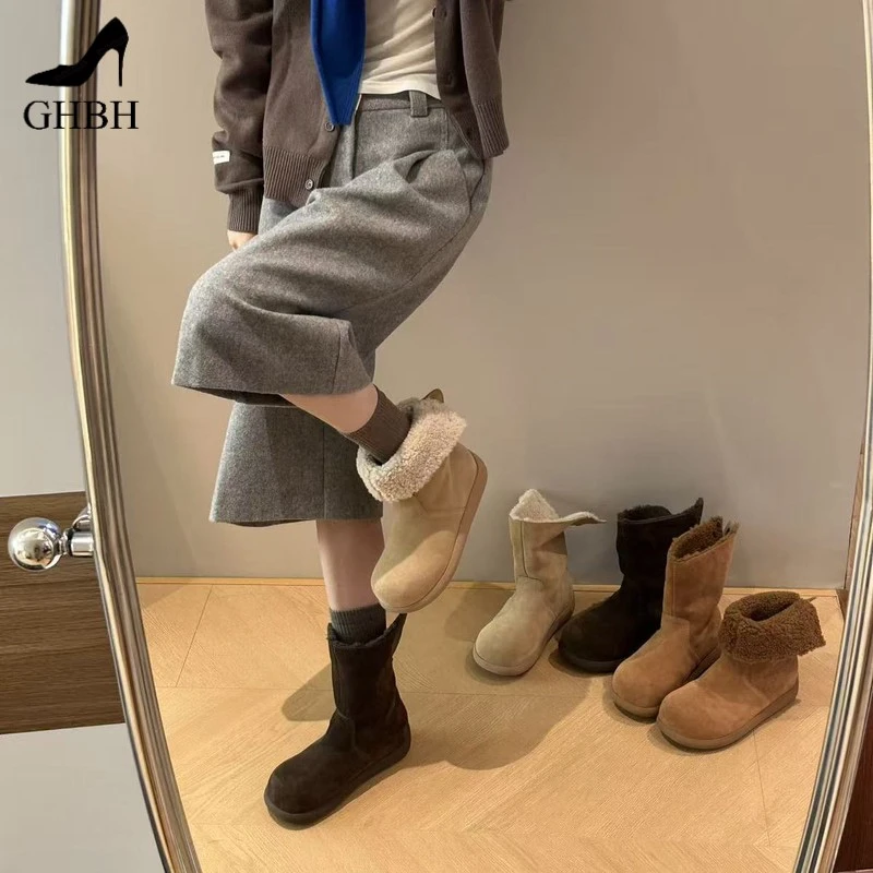 女鞋冬日小暖炉秋套筒新款芒果头韩版加绒两穿高帮棉靴雪地靴