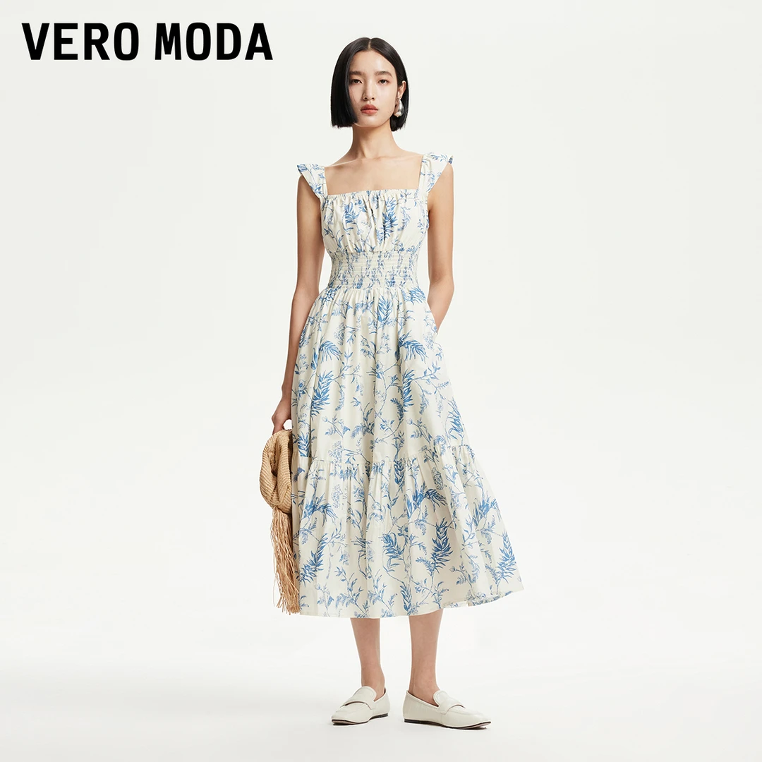 Vero Moda连衣裙2025夏日穿搭新款印花花边装饰中长裙32527A070