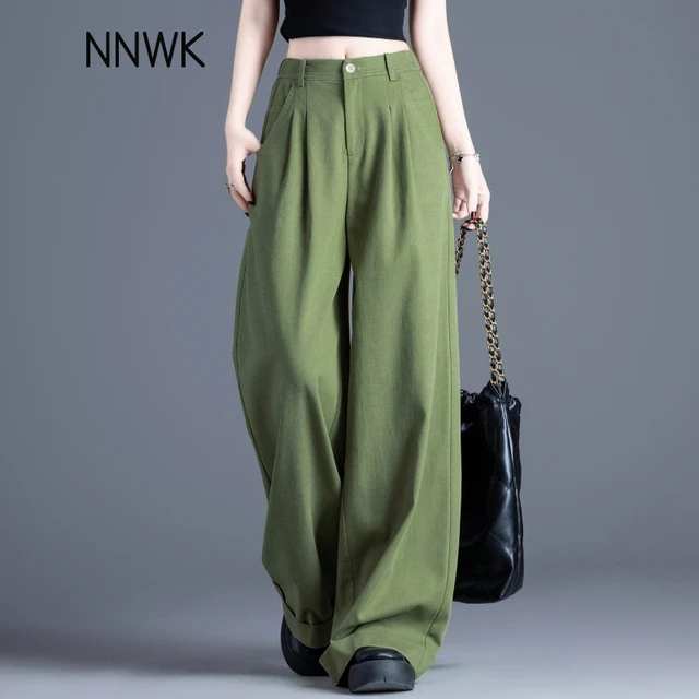 天丝棉裤子女绿色翻边直筒裤休闲裤2025新款高腰阔腿裤垂感大脚裤