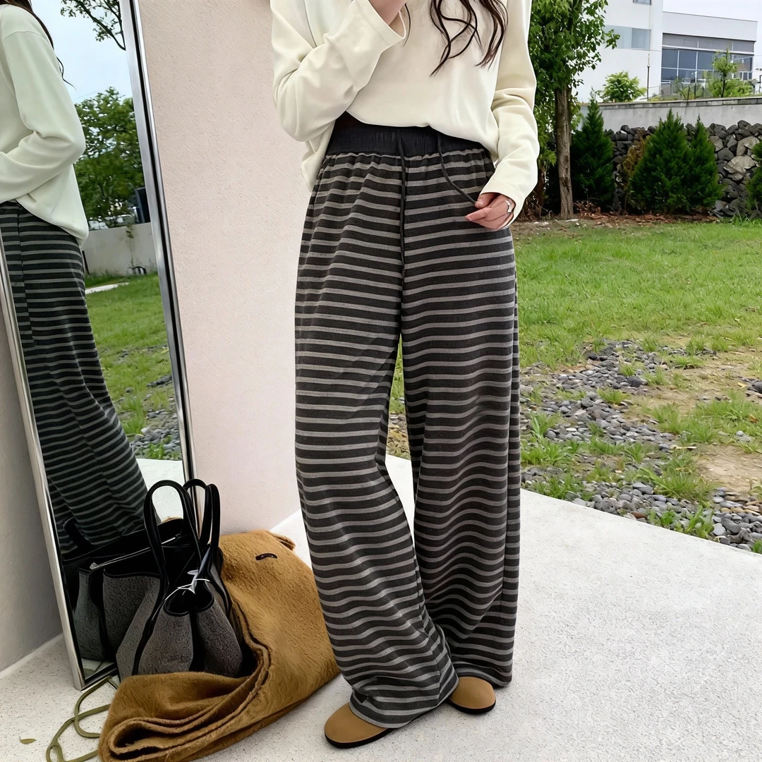 时尚秋冬撞色条纹阔腿宽松慵懒感休闲风高腰垂感显瘦拖地长裤