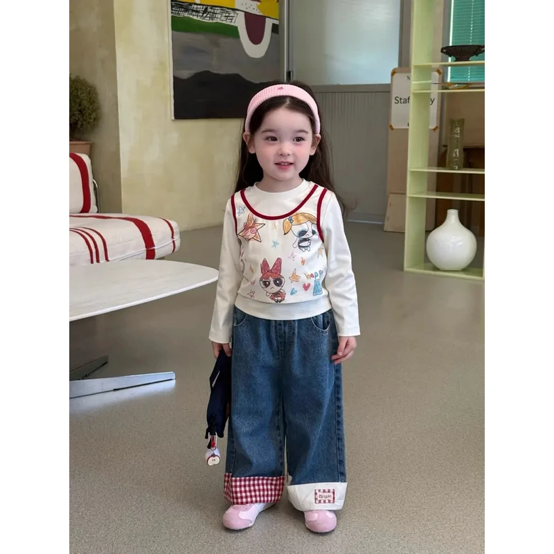 女童韩版套装2025秋季新款儿童卡通涂鸦假两件T恤格子直筒牛仔裤